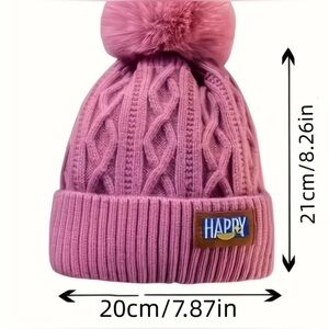Women's Knitted Winter Hat, with Hair Pompom and "HAPPY" Patch, Warm and Soft